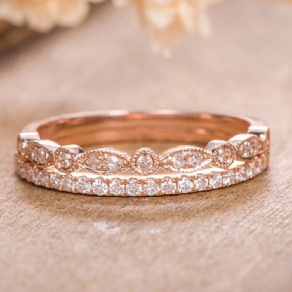 2pcs rose gold wedding rings bands stacking set